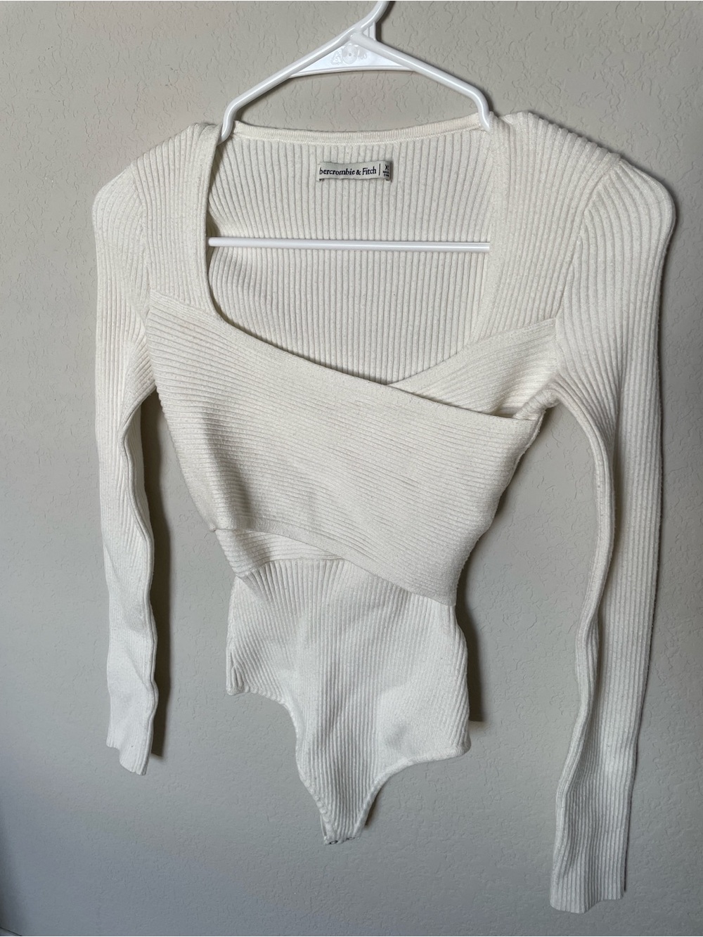 Abercrombie Off-White Ribbed Wrap Long-Sleeve Bodysuit